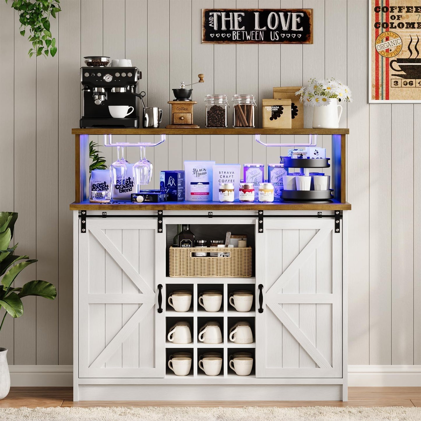 4ever2buy Farmhouse Coffee Bar with LED Lights, 47 inch Coffee Bar Cabinet with Storage, Wine Bar Cabinet with Wine and Glass Rack for Living, Dining Room, White