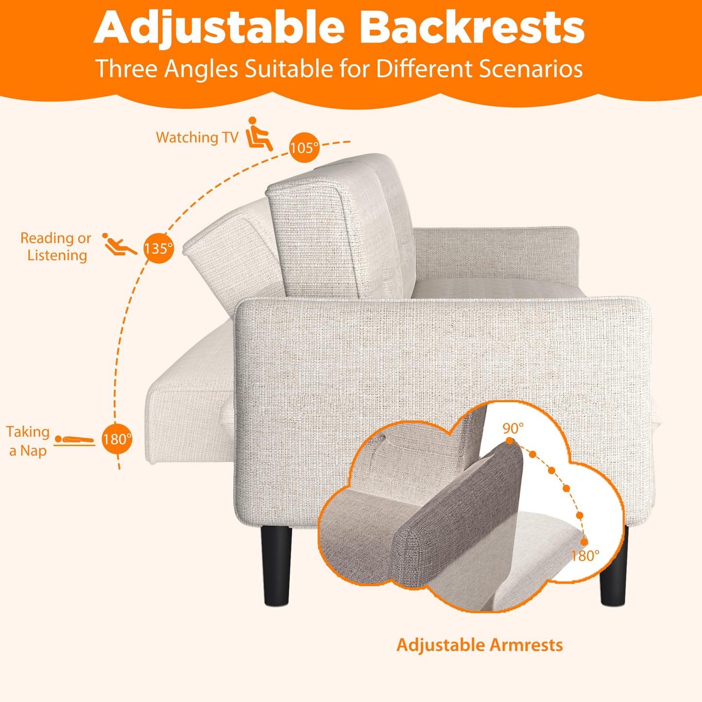 EROMMY 87.8" Futon Sofa Bed, Convertible Futon Couch with Adjustable Backrest & Armrest, Couch Bed with Solid Wood Frame for Small Spaces, Sofa Bed for Small Living Room