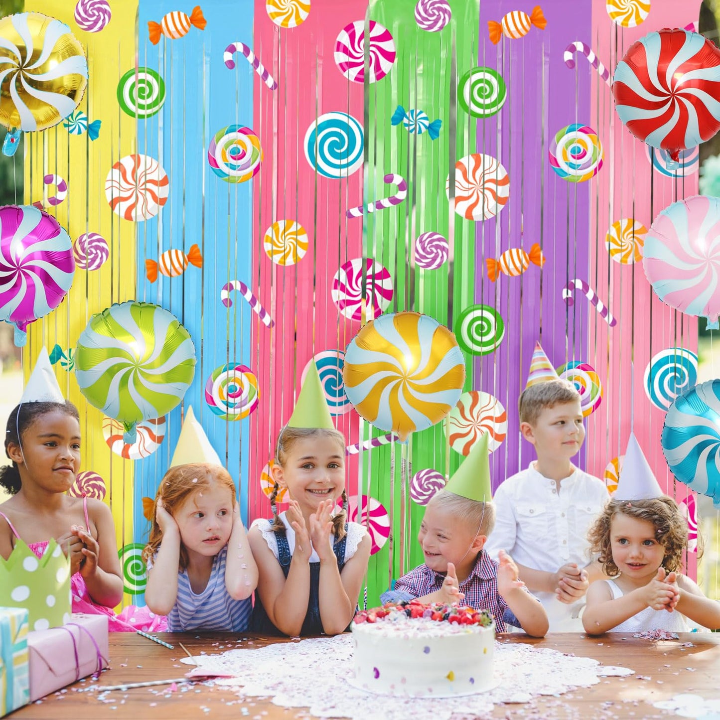 Blosssound 2 Packs Candyland Party Decorations 3.3 x 6.6 ft Candy Foil Fringe Curtain Dark Sweet Candy Tinsel Streamers for Lollipop Candyland Birthday Baby Shower Sweet Shop Party Decoration