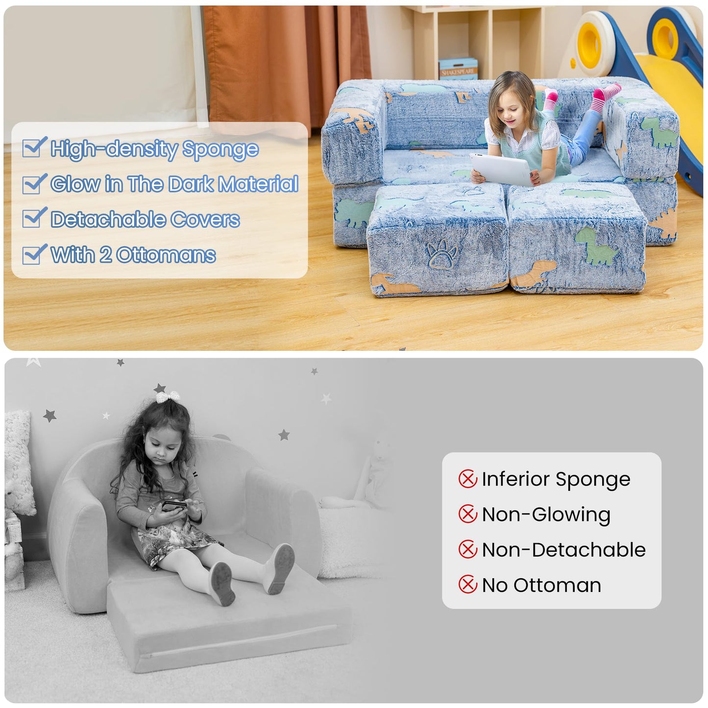 furlinkhm Toddler Couch, Glow in The Dark Kids Play Couch Toddler Fold Out Couch, Kids Fold Out Couch for playroom, Convertible Baby Fold Out Play Foam and Floor Cushion for Bedroom, Blue+Dinosaur