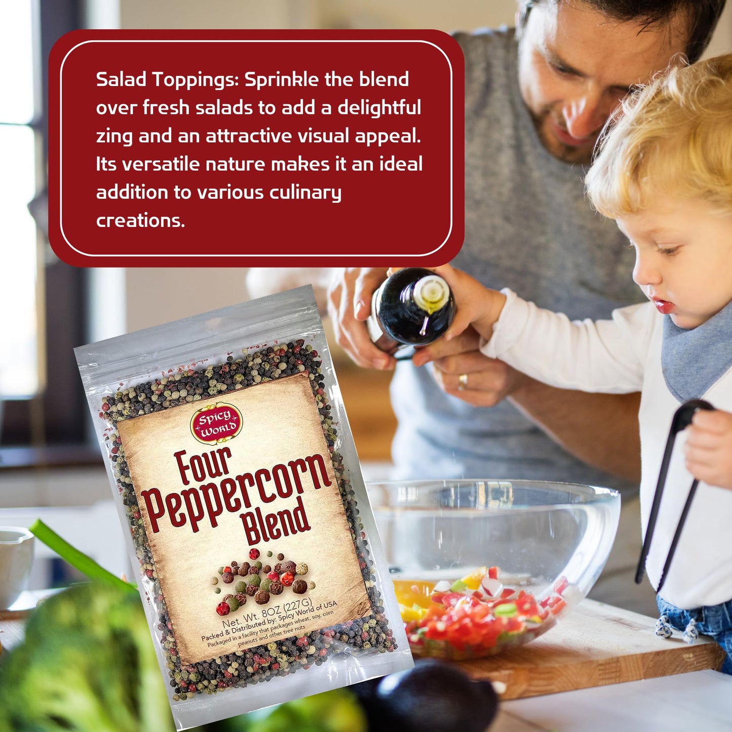 Spicy World Four Peppercorn Rainbow Blend in Resealable Bag – Perfect Flavor Blend - NON-GMO, Steam Sterilized - Whole Black, Whole Green, Whole White & Whole Pink Peppercorns, 8 Oz