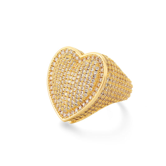 Iced Out Jewelry 5A Cz Stones Shiny Baguette Heart Engagement Gold Luxury Diamond Ring, Hip Hop Bling Bling 18K Gold Plated Party Pinky Ring Men Women (Gold, 7)