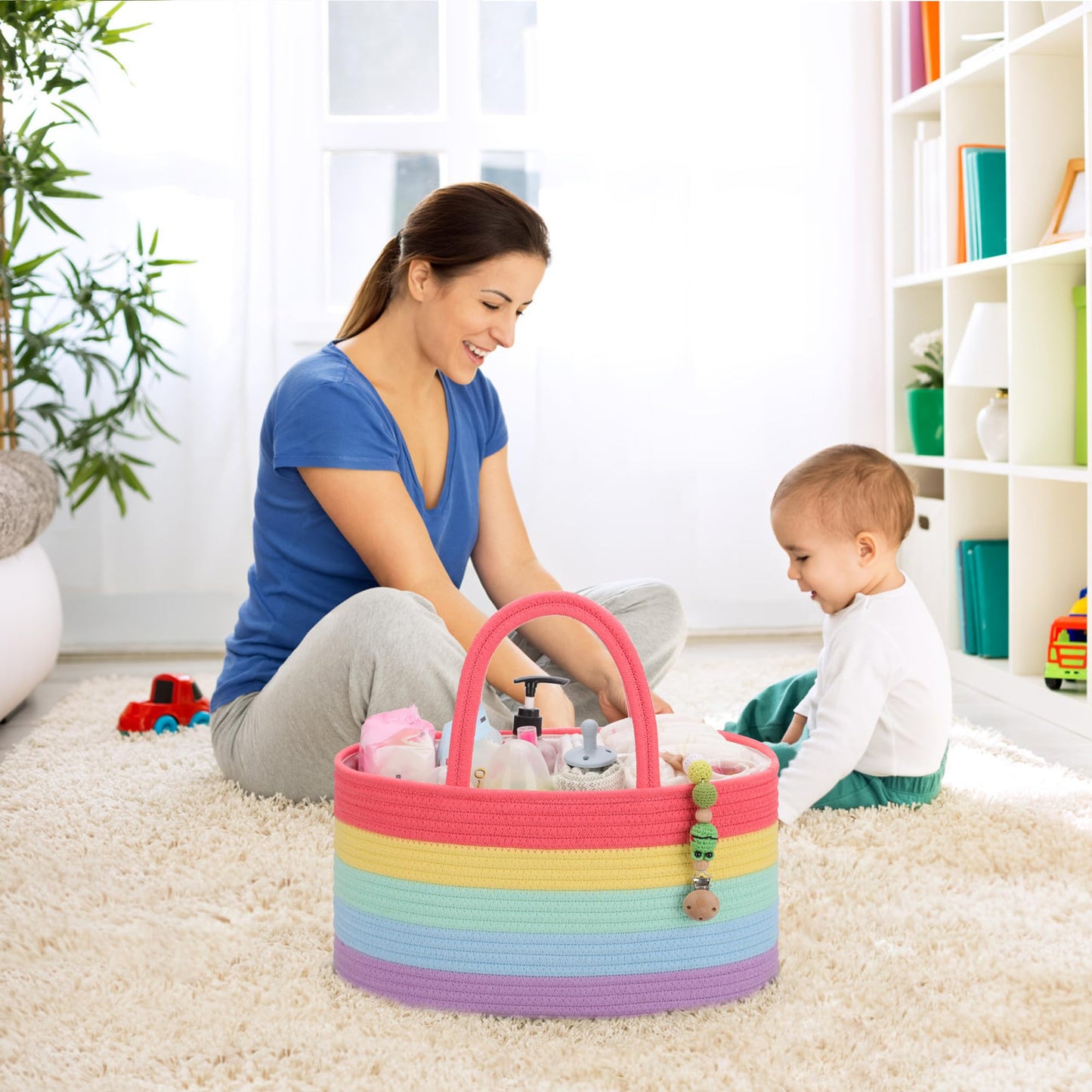 COMSE Large Baby Diaper Caddy Organizer for Girl Boy, Car Caddy with Handles, Cotton Rope Basket for Changing Table, Nursery Organizer, Gift for Baby Shower and Registry Must Have, Rainbow