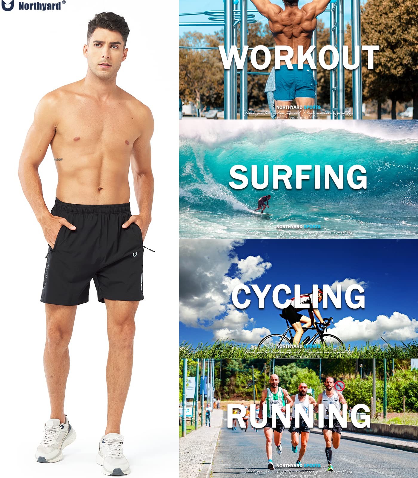 NORTHYARD Men's Athletic Running Shorts Quick Dry Workout Shorts 7"/ 5"/ 9" Lightweight Sports Gym Basketball Shorts Hiking Exercise Black-5inch L