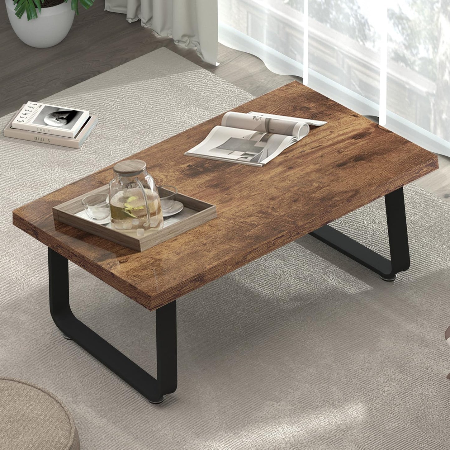 HSH Rustic Coffee Table, Industrial Wood and Metal Center Table, Farmhouse Minimalist Oak Coffee Table for Living Room, Modern Rectangular Wooden Tea&Coffee Table for Bedroom Home, Rustic Brown, 39 In