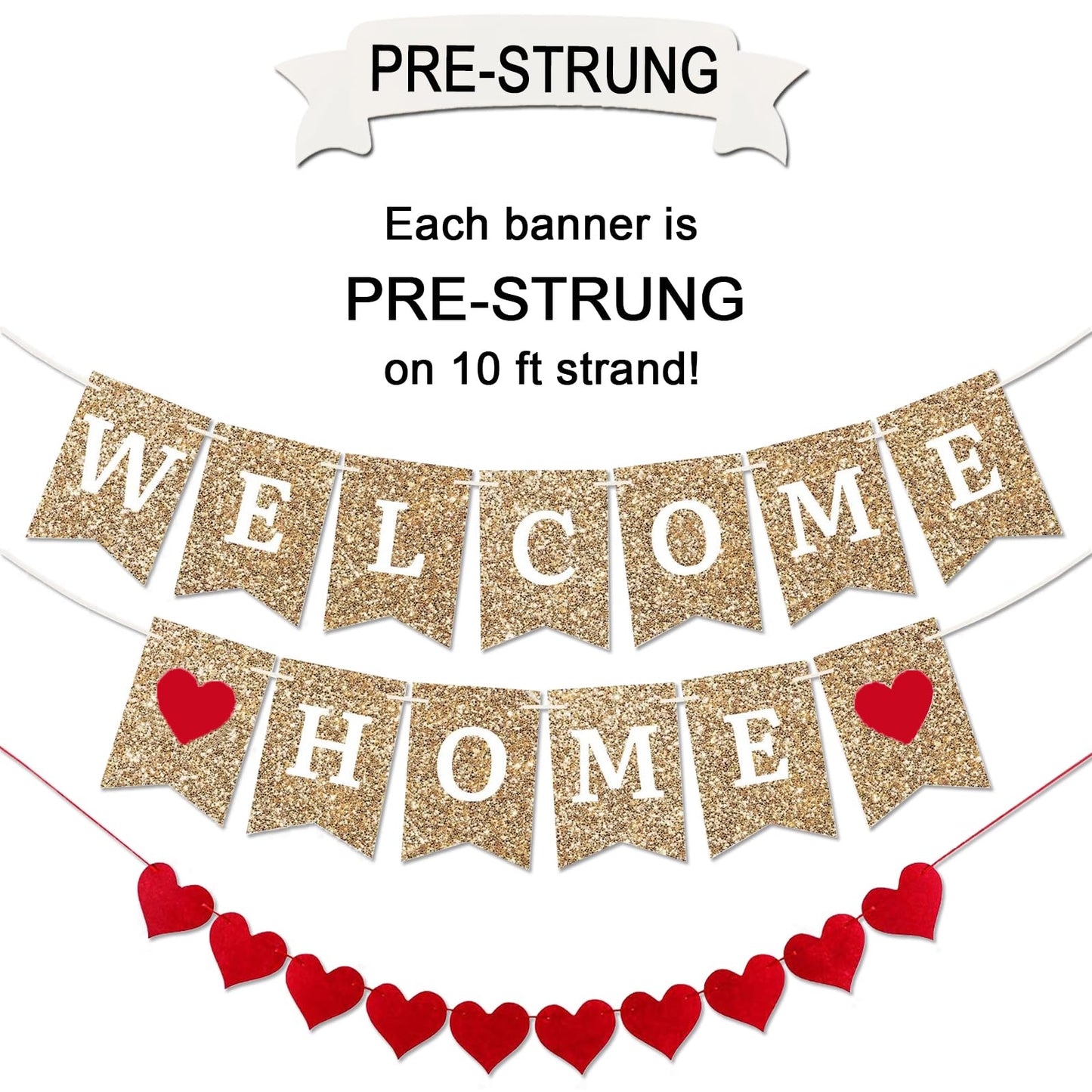 Gold Welcome Banner - Home Decoration, Ready to Hang - Housewarming & Military Commemorations - 8 ft Strand
