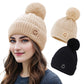 Womens Winter Beanie Hat, Smile Face Warm Fleece Knitted Beanies with Faux Fur Pom Pom