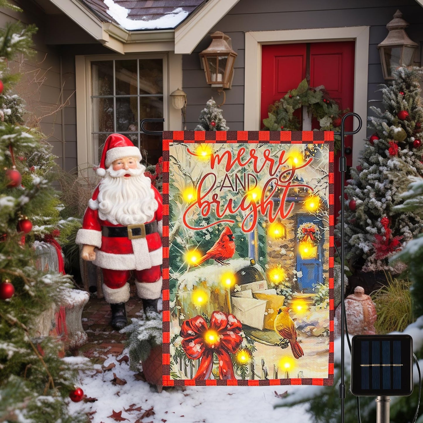 Vigor Home Merry and Bright Solar Led Lighted Garden Flag, Outdoor Lighted Decoration Xmas Greeting Mailbox Cardinal Cozy Home Yard Banner for Winter Holiday Outside Decor 12 x 18 Inch