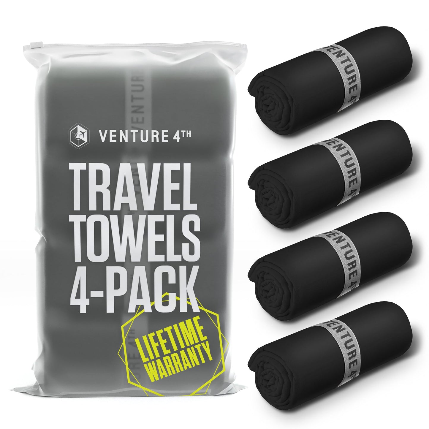 VENTURE 4TH - 4pcs Quick Dry Towels. Microfiber Travel Towels Ideal for Camping, Hiking, Backpacking, Gym. Lightweight & Fast Drying Travel Towels for Body. Compact & Easy to Pack - 4 Pack Medium