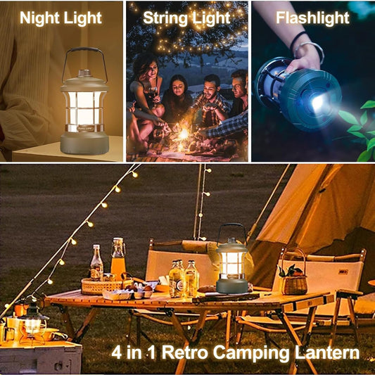 Camping String Lights, Camping Essentials Gear 4 in 1 Camping Lantern String Light with Flashlight,49.2FT Rechargeable Waterproof LED Camping Light, for Outdoor Camping Tent Garden Party Decor