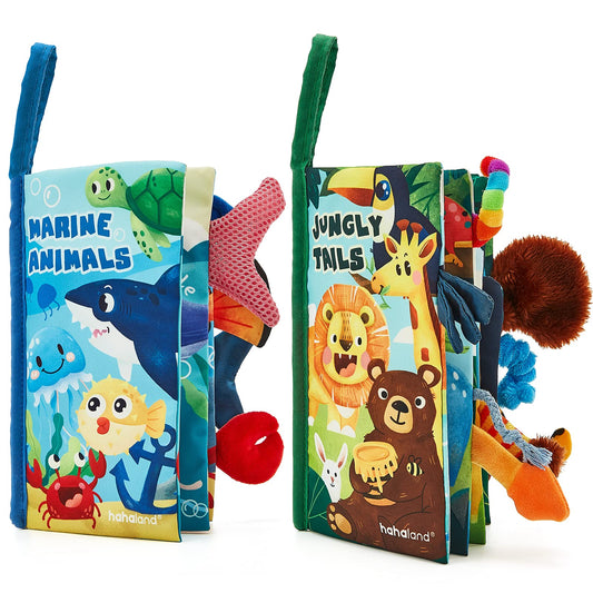 hahaland Baby Toys 0-6 Months - Crinkle Books for Babies 2PCS, Cloth Texture Tails Sensory Book 6-12 Months - Soft, Tummy Time, Montessori Toys 3 4 5 Month Newborn Twin Boys Gifts Travel Infant Toy
