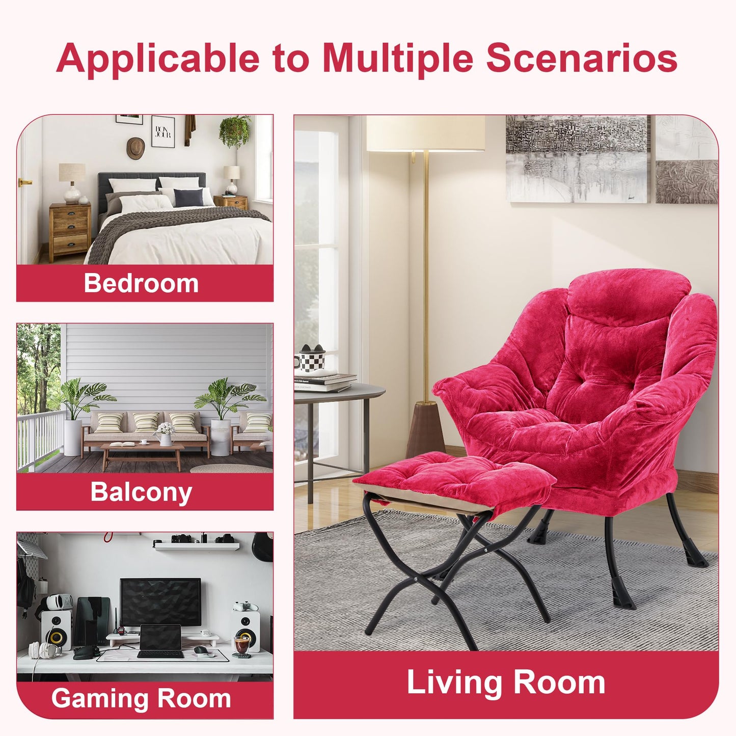 Halituny Fabric Lazy Chair with Ottoman, Oversized Upholstered Sofa Chair for Adults, Plush Comfy Lounge Chair with Large Side Storage Pocket, Reading Chair for Living Room, Bedroom, Office, Rose Red