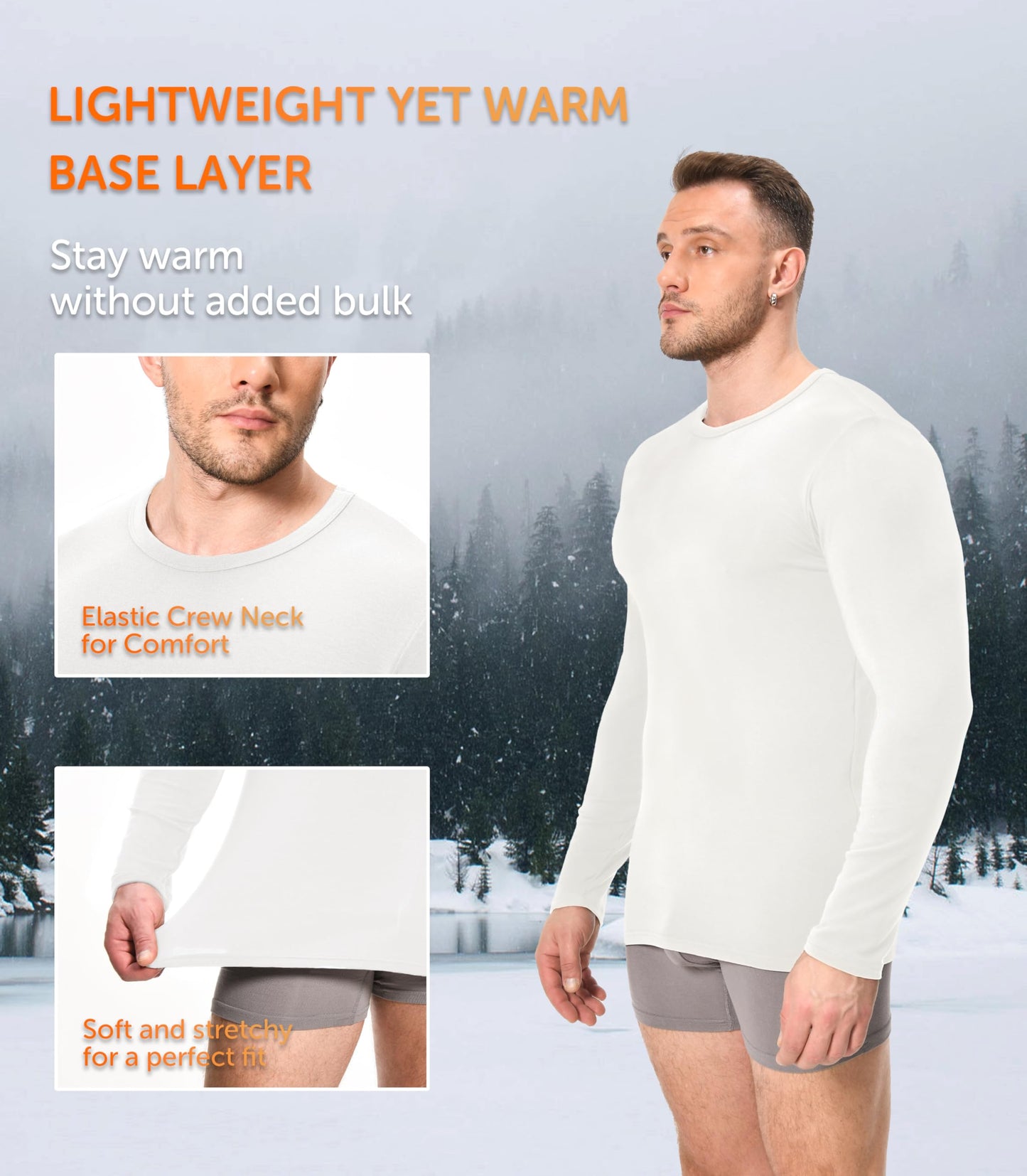 Comfneat Men's Thermal Underwear Base Layer 2-Pack long sleeve Undershirts (Off White Tops 2-Pack, L)
