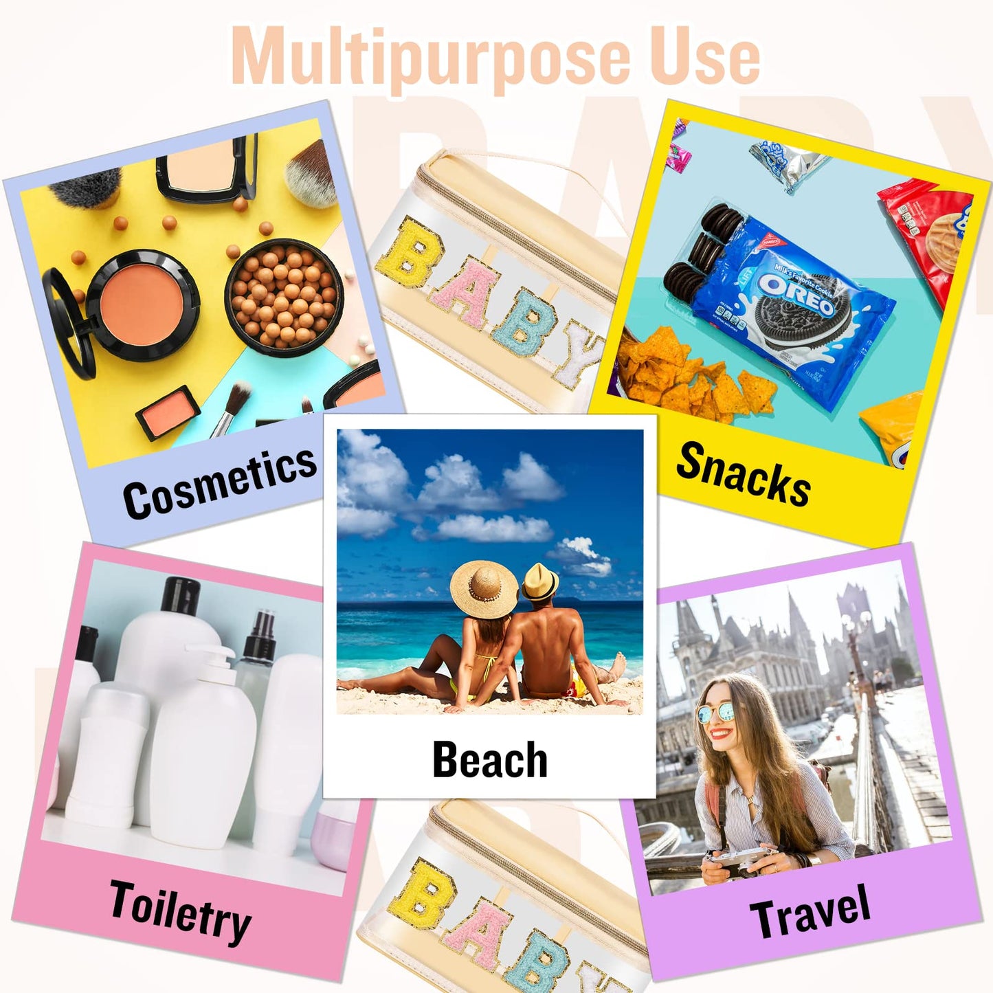 Chenille Letter Clear Makeup Bags Baby Pouch, Preppy Patch Makeup Bag Zipper with Handle, Transparent PVC & Nylon Waterproof Glitter Cosmetic Handbag Travel Toiletry Storage for Women Girl(BABY-Beige)