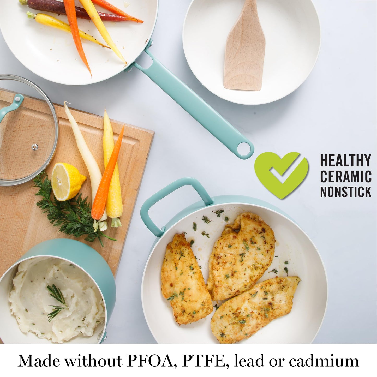 Martha Stewart Emmeline Premium Nonstick PFA Free Ceramic Interior 12 Piece Heavy Gauge Enamel Aluminum Pots and Pans Cookware Set - Teal