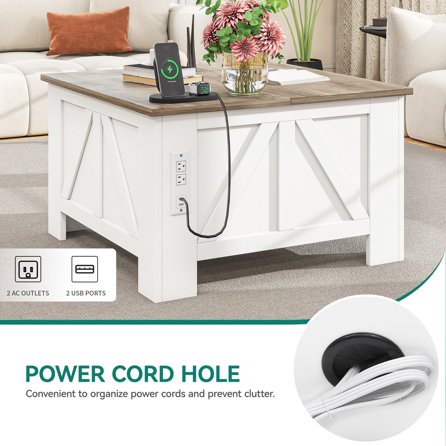 YITAHOME Farmhouse Lift Top Coffee Table with Storage, Wood Square Center Table with Charging Station & USB Ports and Hidden Compartment Coffee Tables for Living Room Bedroom, Home Office, White