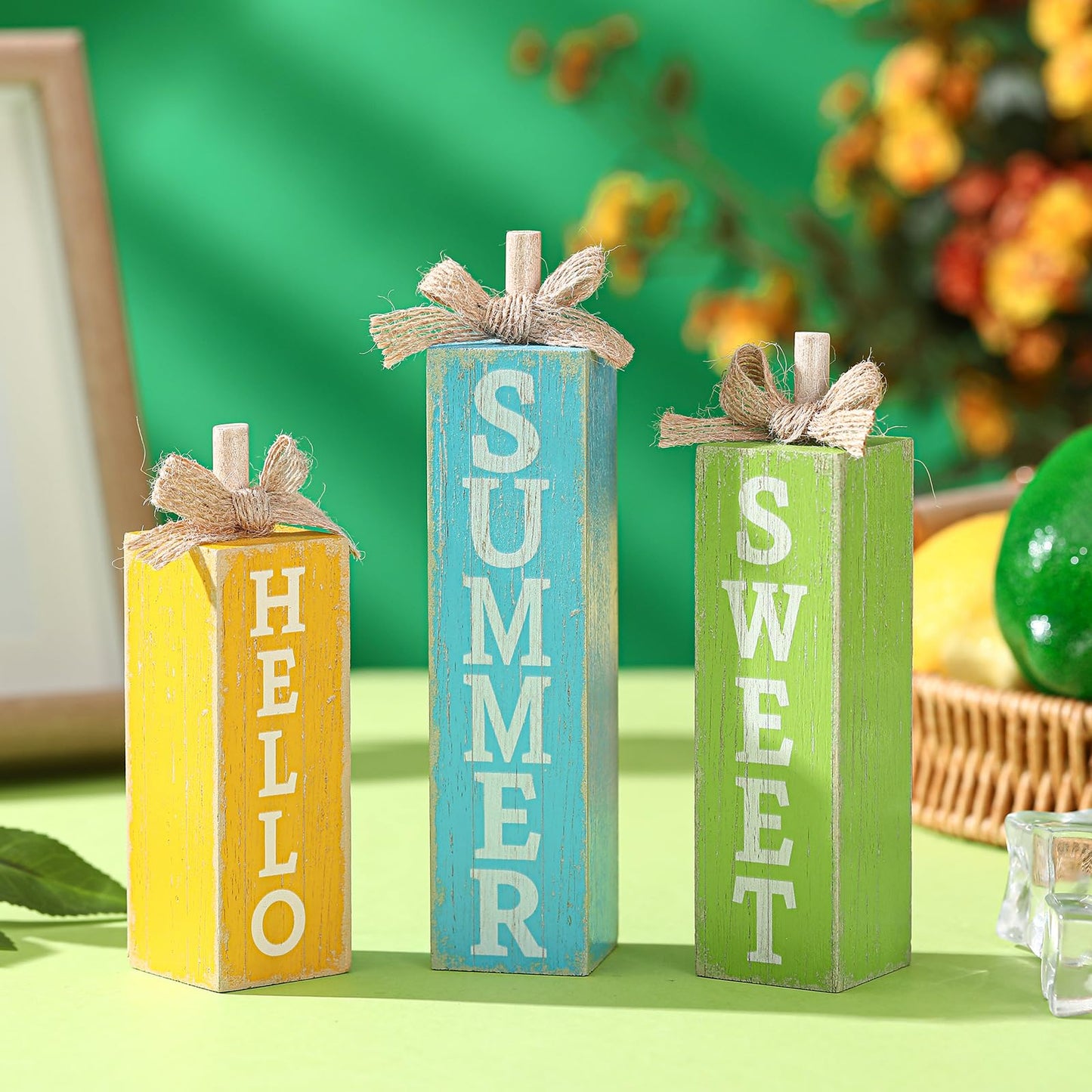 Seeloowy 3 Pcs Hello Sweet Summer Table Block Sign Hello Summer Tiered Tray Decor Rustic Farmhouse Wooden Tabletop Centerpieces for Home Kitchen Shelf Indoor Party Decorations