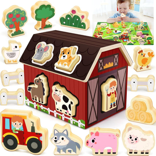 Wooden Farm Animals Toy for Toddler: Montessori STEM Learning Activity Toy for 1-5 Year Olds Boys - Sorting & Stacking Sensory Educational Shape Sorter - Gift for Kids Ages 2 3 4 Birthday Gift