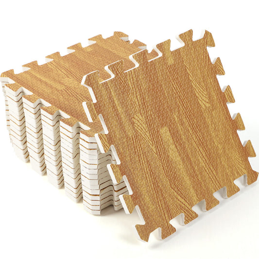 Wood Grain Floor Foam Mats with Border, Wood Printed Interlocking Foam Tiles Anti Fatigue Flooring Mat (Light Brown,12 x 12 Inch)