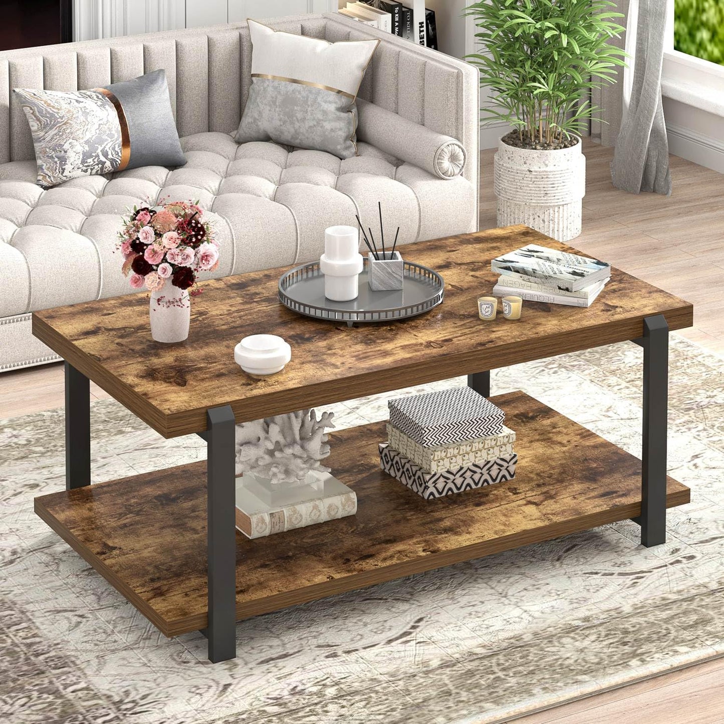 FOLUBAN Modern Coffee Table, Rustic Wood Center Table with Storage for Living Room, Industrial Rectangle 2 Tier Low Cocktail Tea Table, Rustic Brown