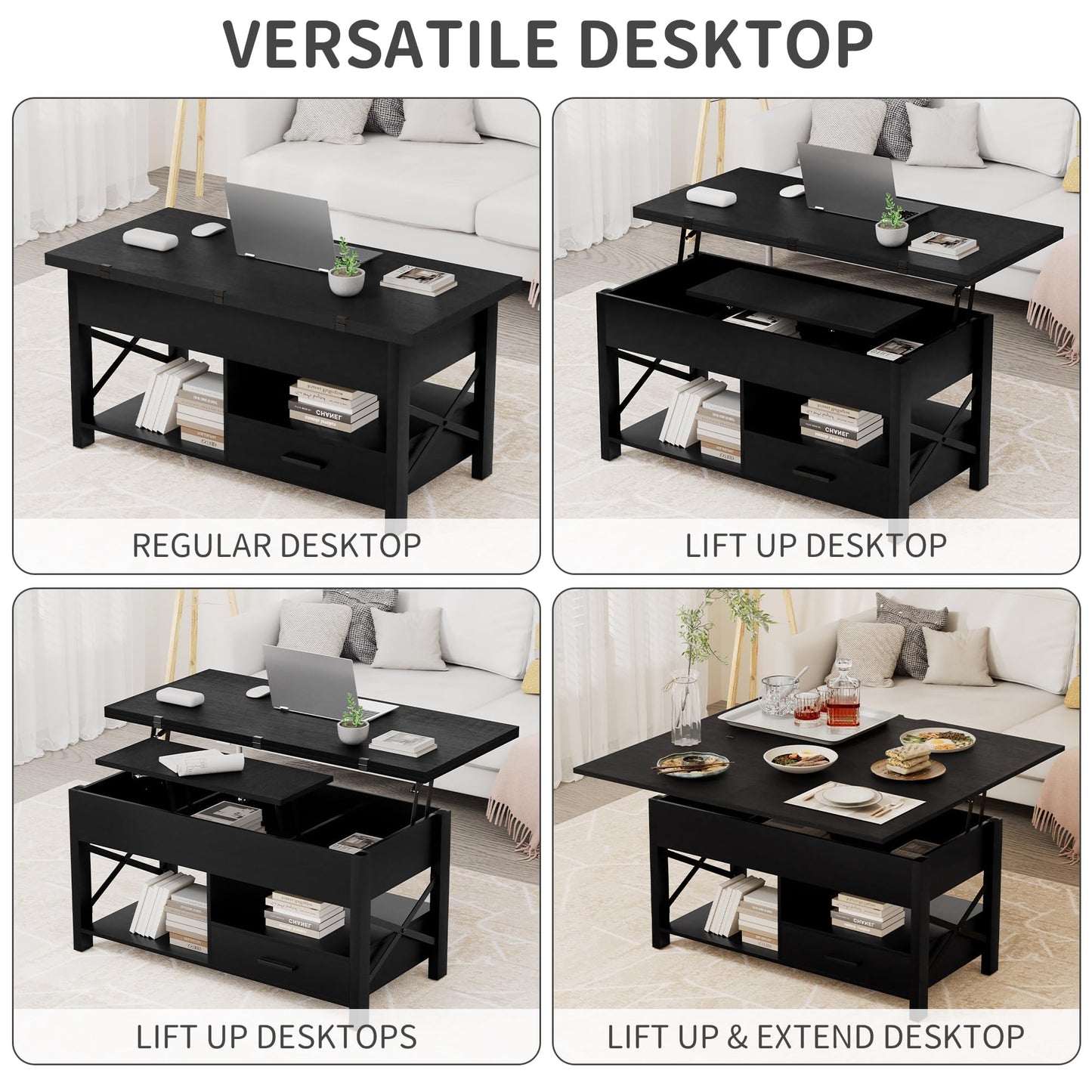 Lift Top Coffee Table with Storage, Black Lift Top Coffee Table with Drawers&Hidden Compartment, Multi-Functional Center Table, Convertible Coffee Tables into Dining Table for Home Living Room Office