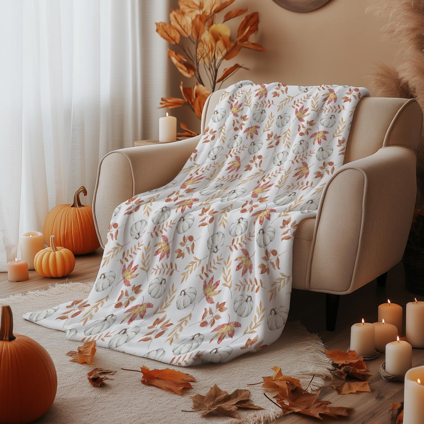 Horaldaily Fall Flannel Blanket Throw, White Pumpkin Orange Leaves Soft Fuzzy Plush Cozy Fleece Blankets for Couch Sofa Bed Lounging, Ideal Gifts for Kids Adults Wife Self, 50x60