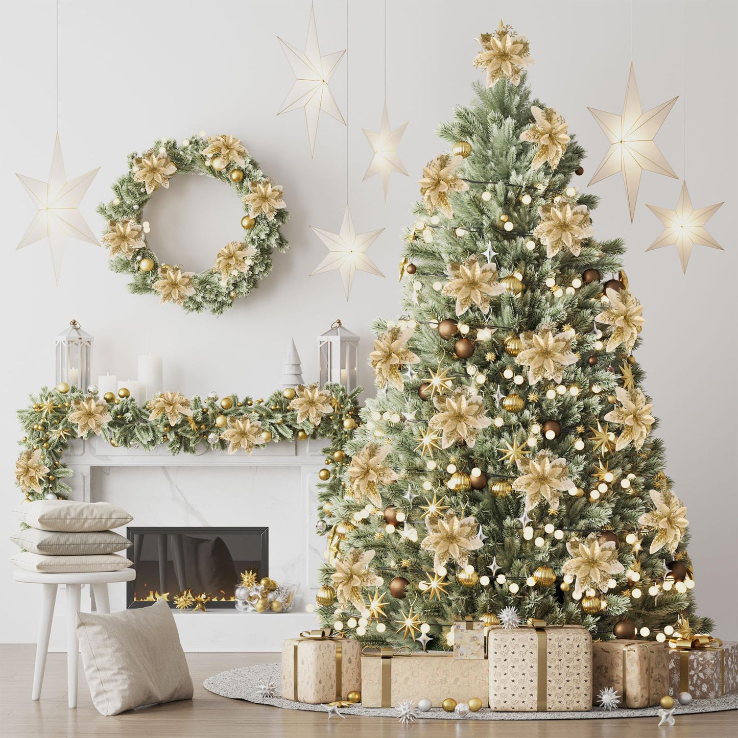 Kisflower 24PCS Poinsettia Artificial Flowers Gold Christmas Flower Decorations with Clips and Stems, Glitter Christmas Tree Ornaments for Xmas New Year Wedding Party (Gold)