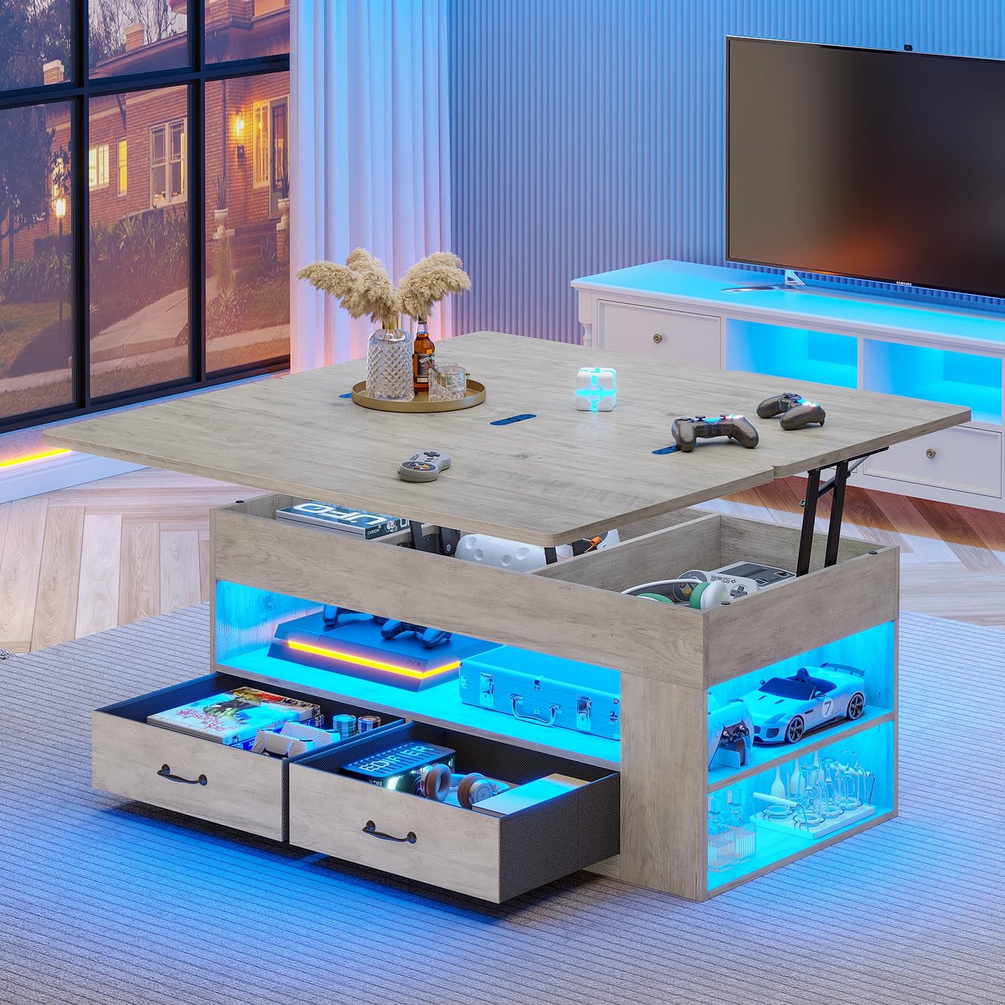 Itaar Lift Top Coffee Table, 4 in 1 Coffee Tables with Storage and Hidden Compartment, Farmhouse Coffee Table with 2 Fabric Drawers & LED Light for Living Room, Grey Oak