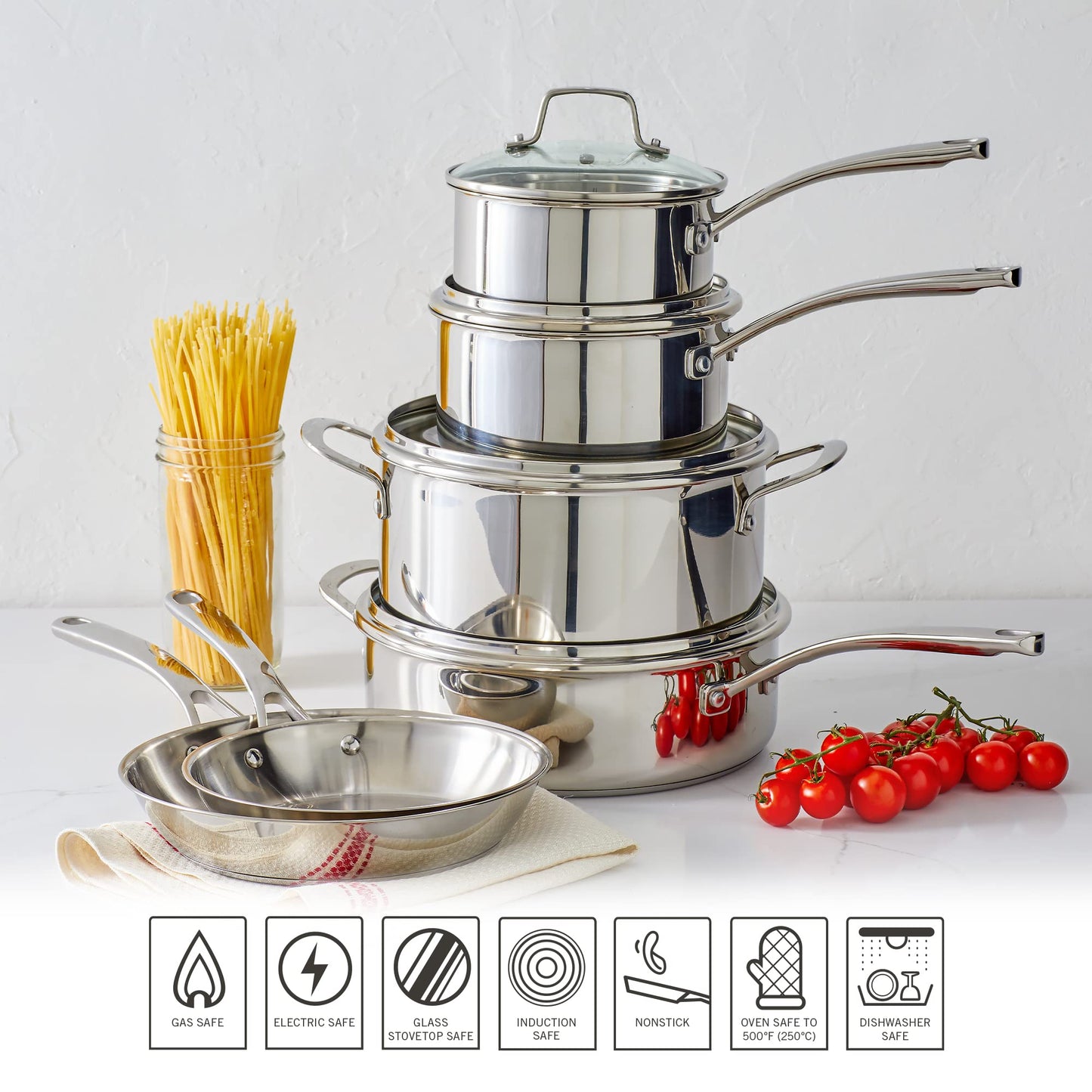 Martha Stewart Castelle 10 Piece 18/8 Stainless Steel Induction Safe Pots and Pans Non-Toxic Triply Bottom Kitchen Cookware Set