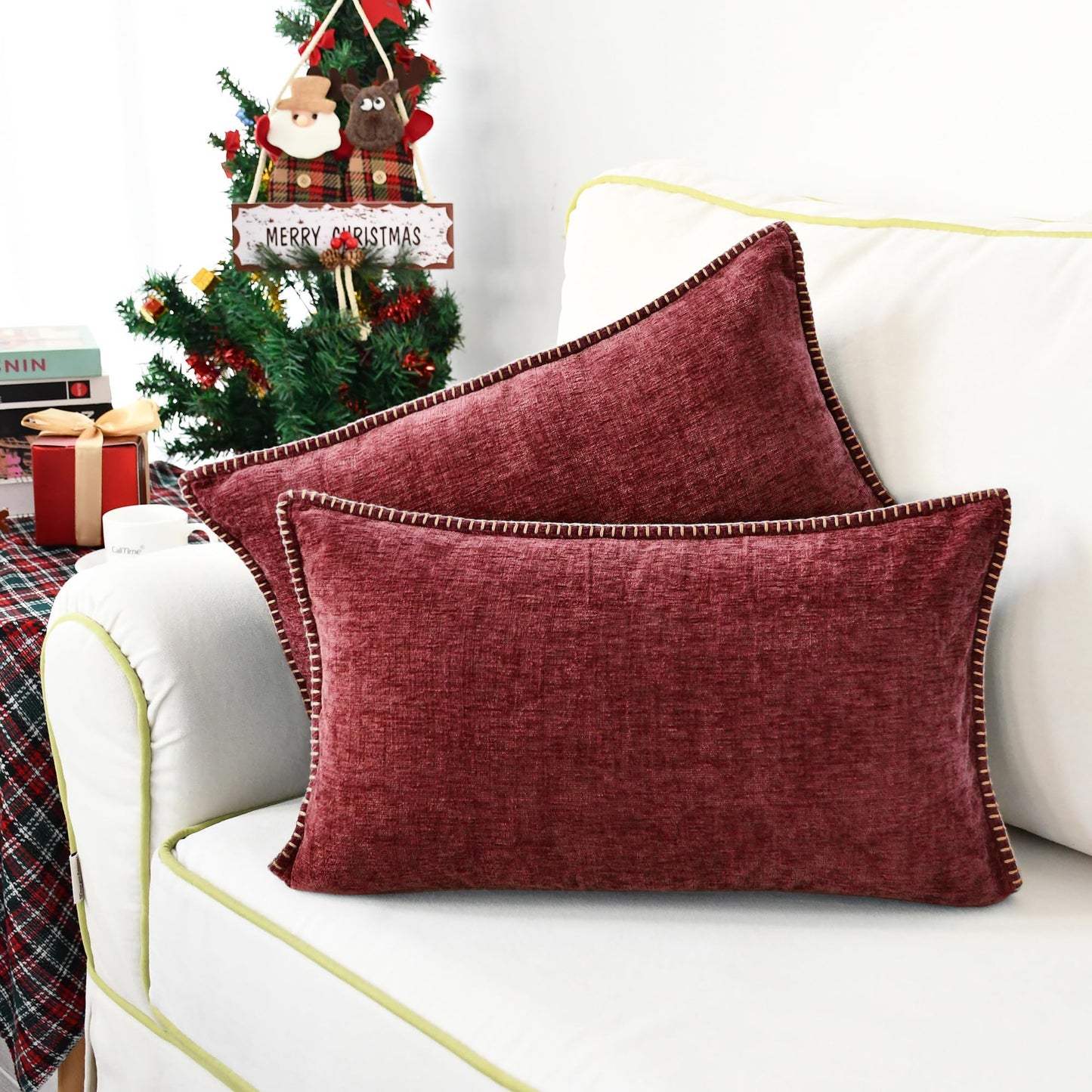 CaliTime Throw Pillow Covers Decorative 12 X 20 Inches Pack of 2 Cotton Thread Stitching Edges Solid Dyed Soft Chenille Cushion Cases for Couch Sofa Bed Living Room Farmhouse Burgundy