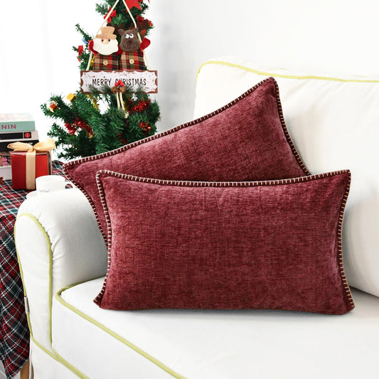 CaliTime Throw Pillow Covers Decorative 12 X 20 Inches Pack of 2 Cotton Thread Stitching Edges Solid Dyed Soft Chenille Cushion Cases for Couch Sofa Bed Living Room Farmhouse Burgundy