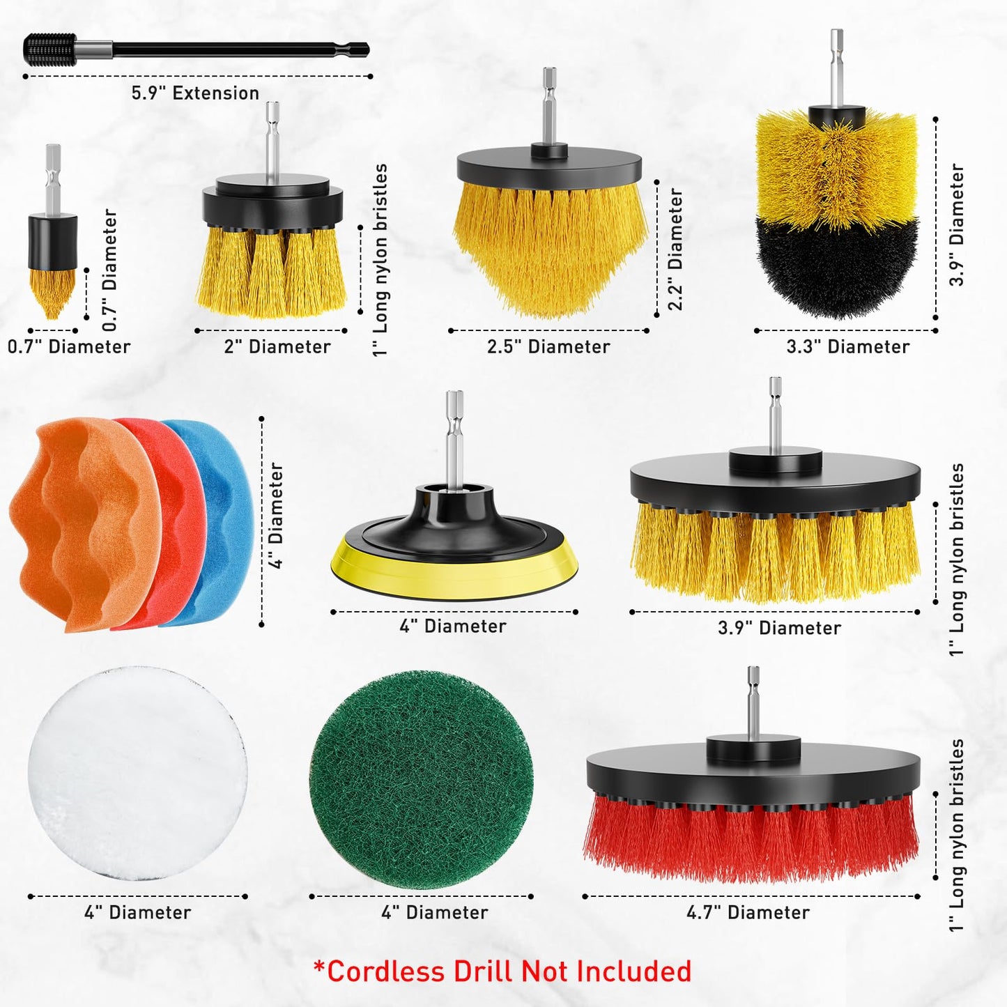 CasaCulina 25 Pack Drill Brush Attachment Set, Scrub Pads & Sponge, All Purpose Power Clean Scrubber Brushes with Extend Long Attachment, Car Polishing Pad Kit, Cleaning Supplies for Grout Tile Sink
