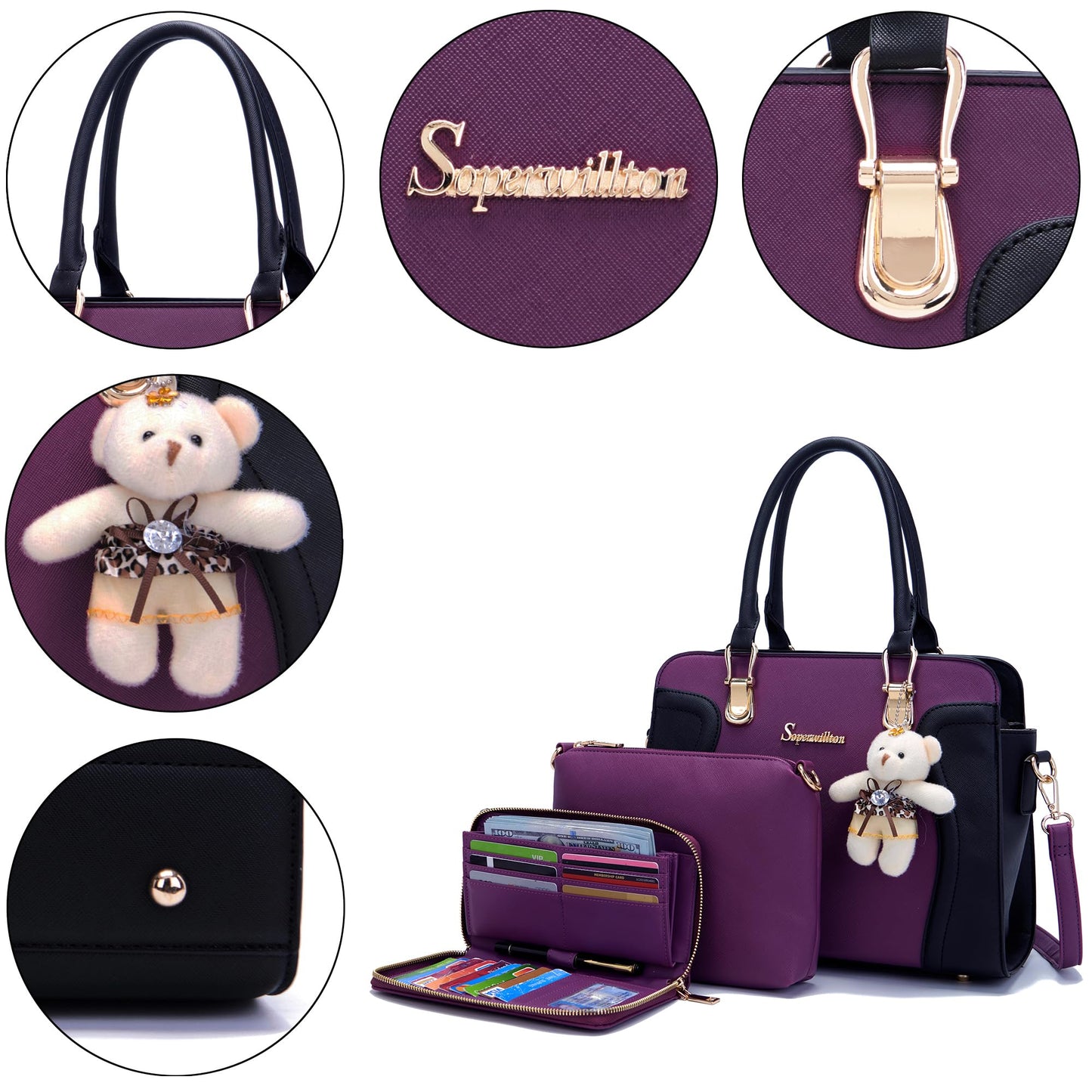 Soperwillton Purses for Women Crossbody Shoulder Handbags Top Handle Satchel Tote Bag Wallet Set 3pcs