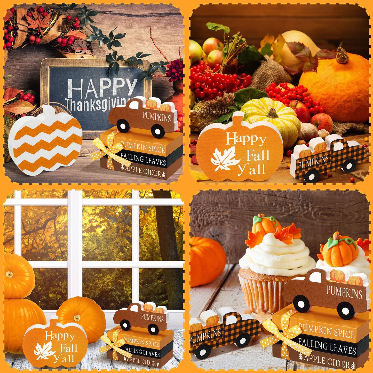 Blulu 5 Pcs Fall Decorations for Home Fall Tiered Tray Decor Thanksgiving Table Decor 3 Mini Faux Decorative Books Bundle with Twine Rustic Wood Pumpkin Truck Signs for Autumn Harvest Office Shelf