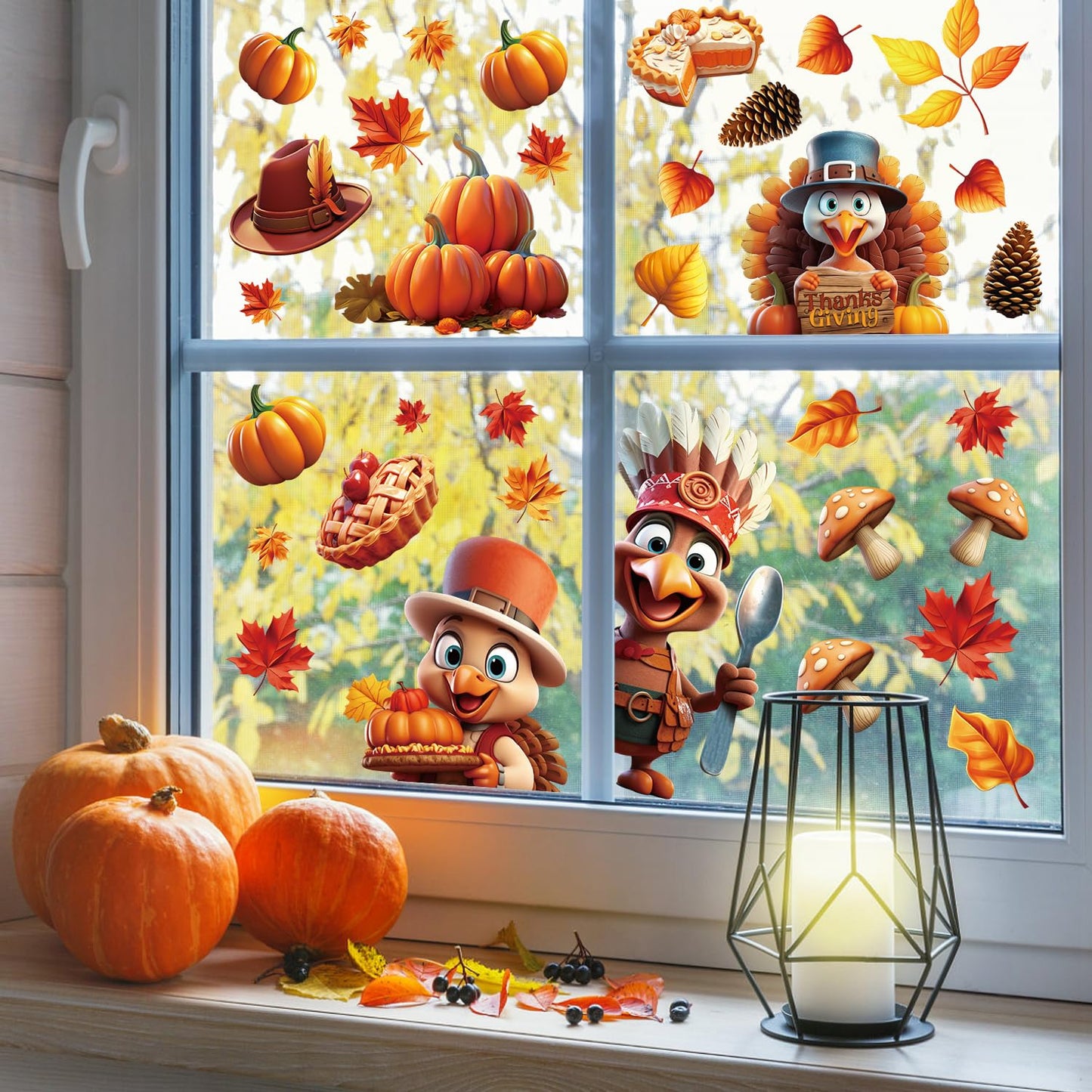 LOKIPA 3D Thanksgiving Window Stickers, 8 Sheets Thanksgiving Window Clings Double Sided Window Decals for Thanksgiving Window Decorations, Yellow