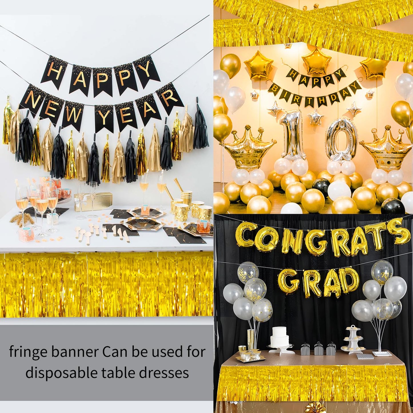 YUKL Gold Birthday Decorations Tinsel Garland Parade Float Decorations for Trailer 4Pack 12FT Christmas Party Decor Ceiling Fringe Banner Backdrop for Streamers Party Decorations