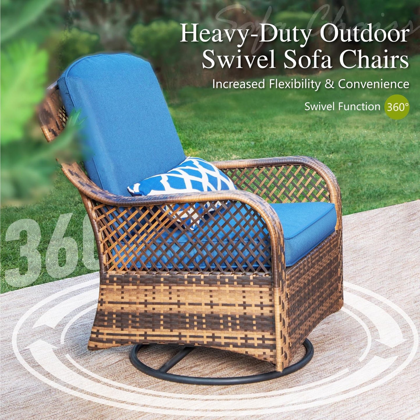 PHI VILLA Oversized Outdoor Swivel Rocker Chairs Set Clearance 3 Piece with 1 Table and 2 Rocking & Swivel Chairs Support 350lbs Navy Blue Wicker Outdoor Furniture Patio Conversation Set