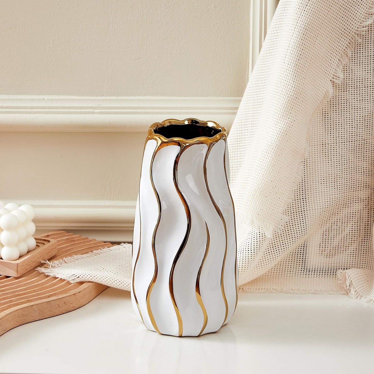 OTARTU Ceramic Vase, White Vase for Home Decor,Decorative Flower Vase, Vertical Stripe Ceramic Vases for Home Décor, Bedroom, Office, Living Room, Bathroom, Tabletop Decor, Centerpiece (White)