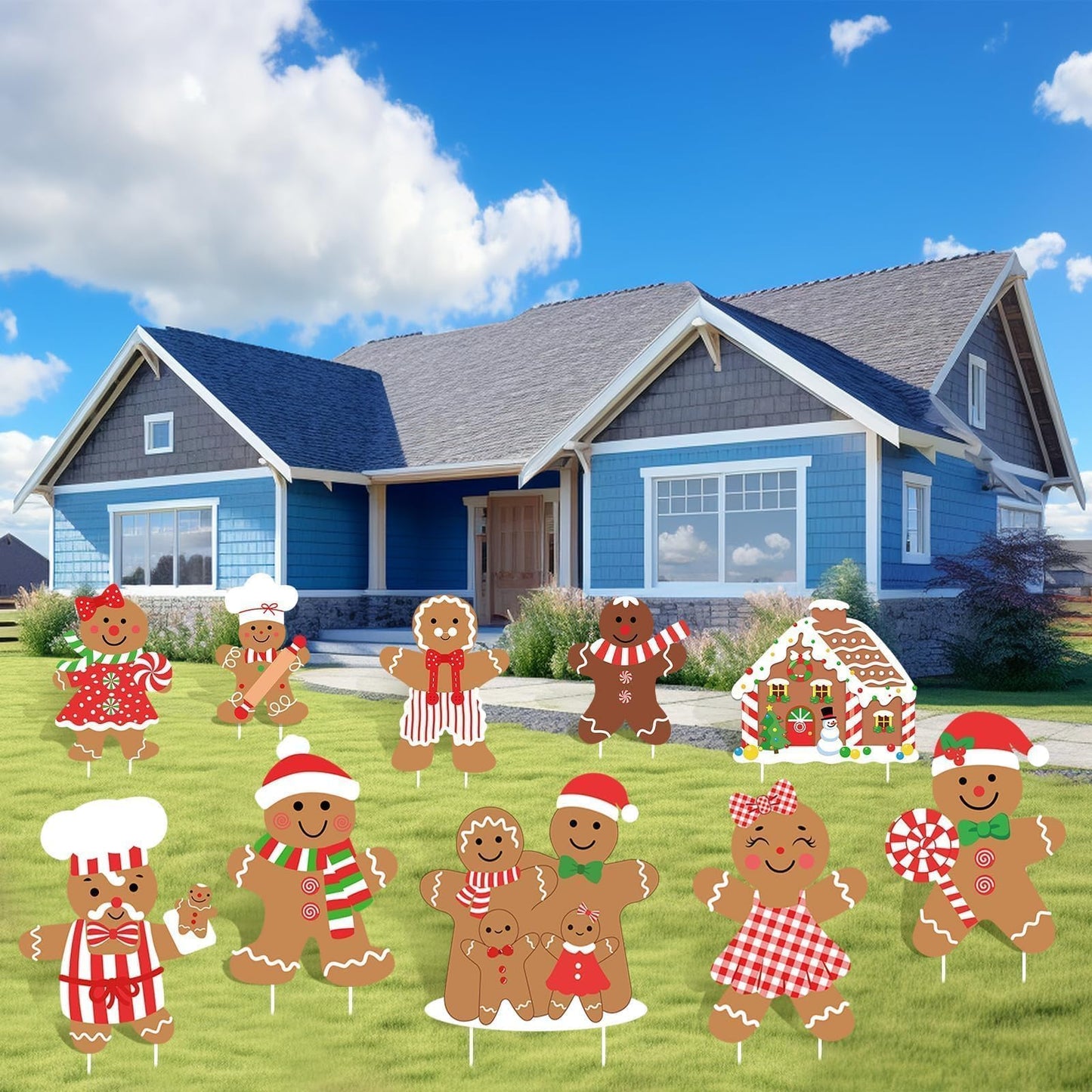 10Pcs Christmas Gingerbread Decorations Outdoor, Gingerbread Man Yard Signs with Stakes Xmas Gingerbread Lawn Signs for Xmas Holiday Garden Lawn Patio Pathway Decor Outside