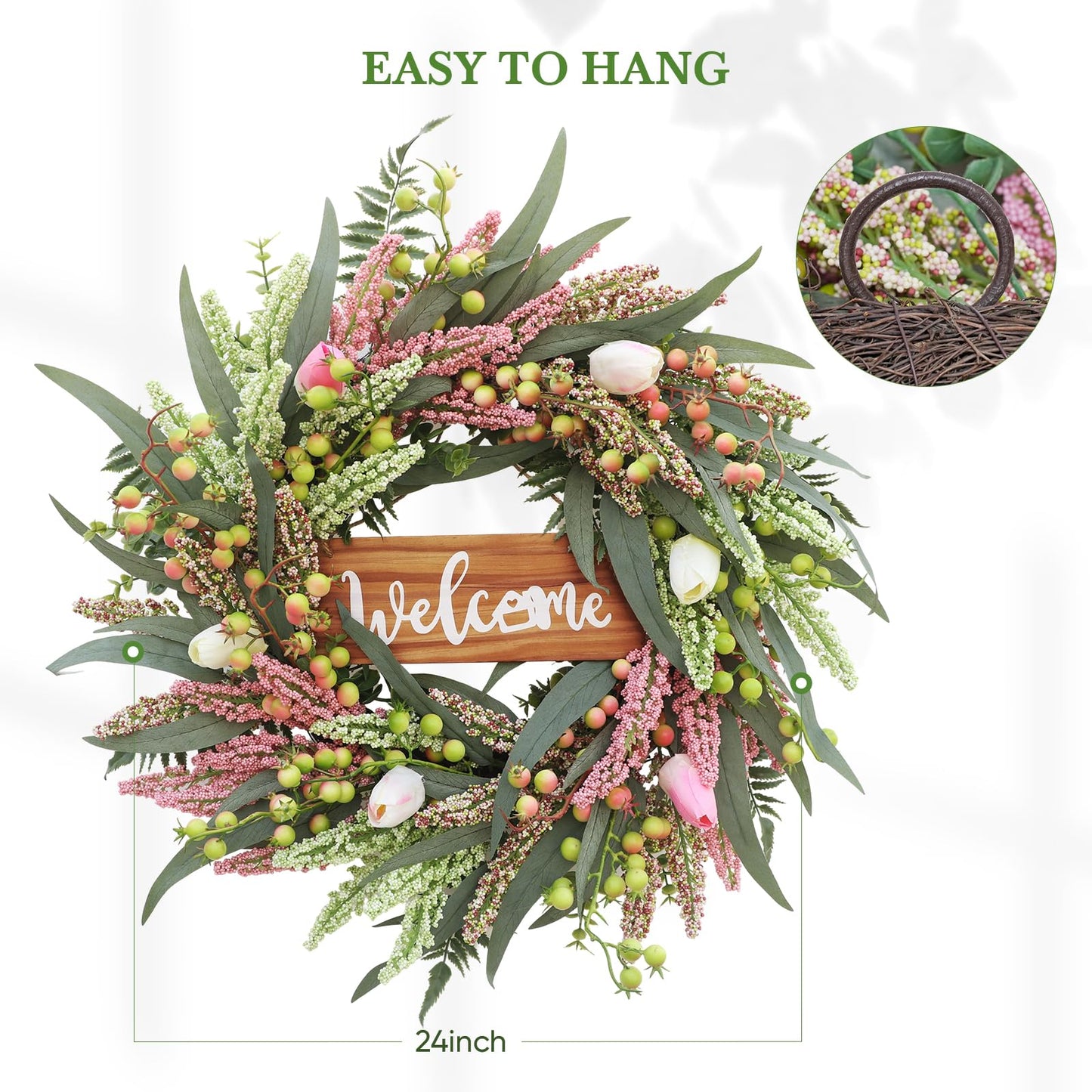Wreaths for Front Door 24 Inch Spring Summer Tulip Wreath withTulip,Berries,Boxwood and Cattails Welcome Door Wreath, Porch, Window Green Decor for Home, Farmhouse - Spring, Summer, Fall, All Seasons