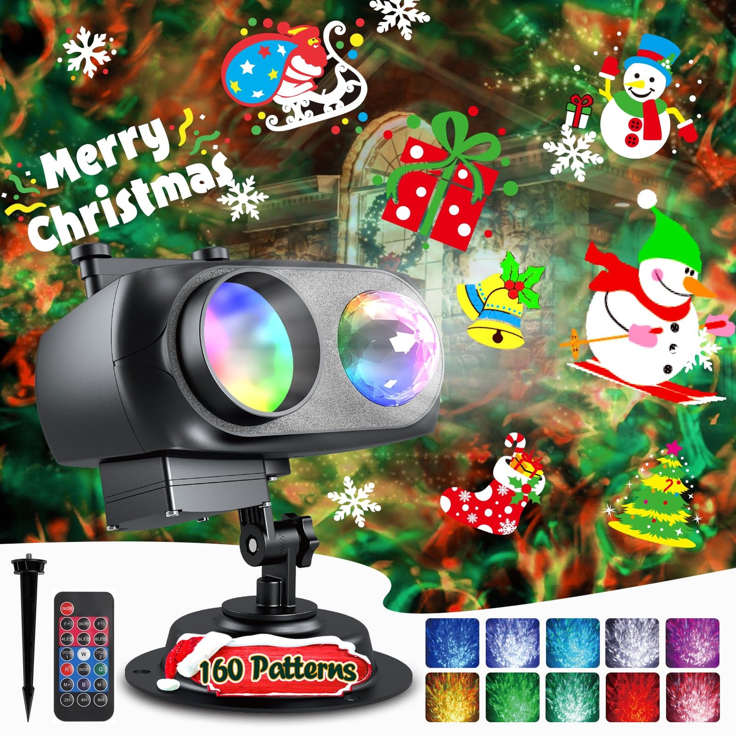 8-Pattern Christmas Projector Lights Outdoor, Anysun Brighter 160 HD Patterns Christmas Decorations, 2-in-1 Ocean Wave Snowflake Holiday Projector Waterproof with Timer for Garden Party Landscape Show