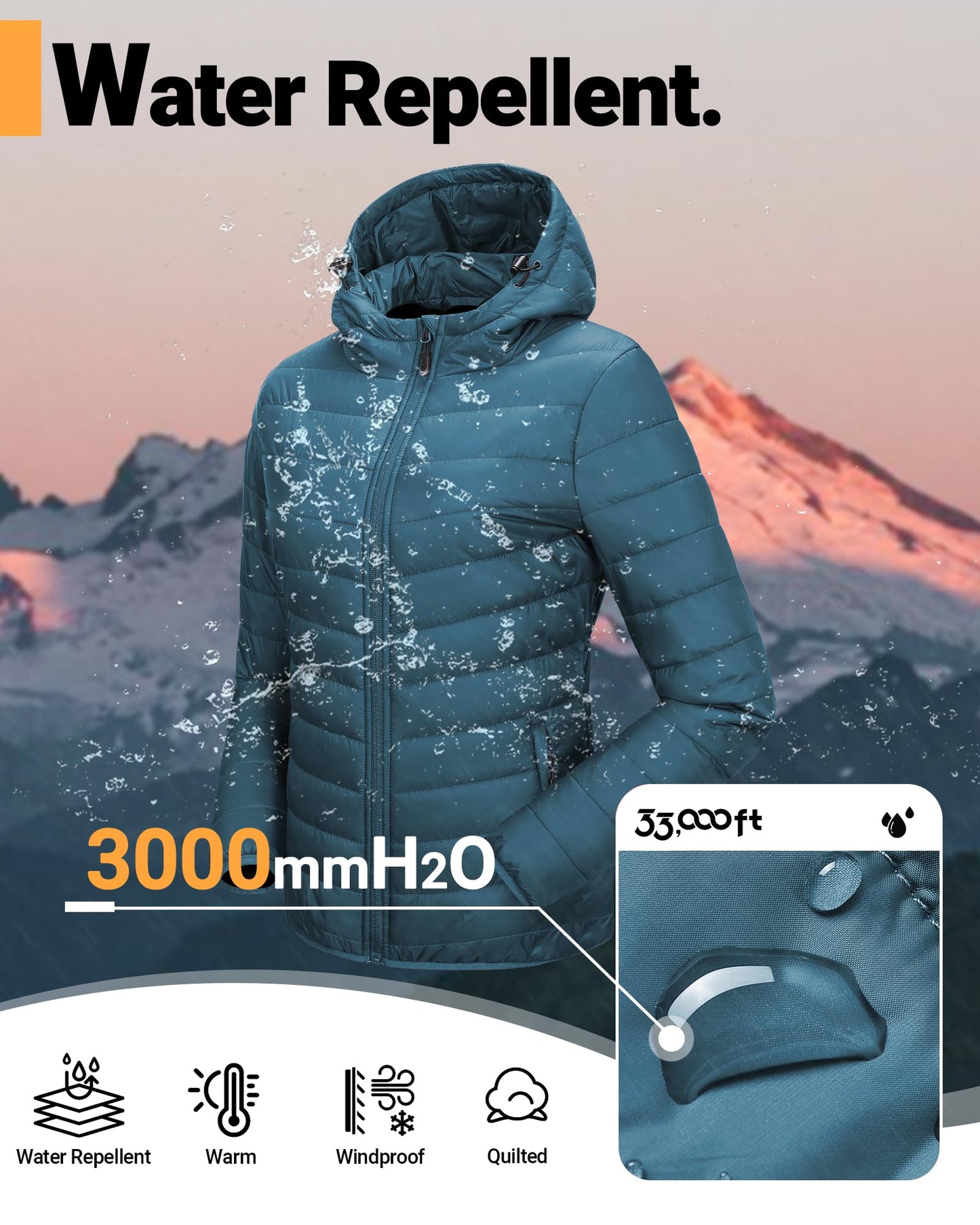 33,000ft Women's Hooded Packable Puffer Jacket Lightweight Warm Puffy Quilted Winter Coat