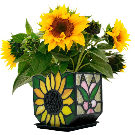 Entlityful Stained Glass Sunflower Garden Planters,Indoor Plant Pots with Drainage,Unique Plant Pots for Dried Flowers,Sunflower Gifts,4.6 x 3 x 5.15 in