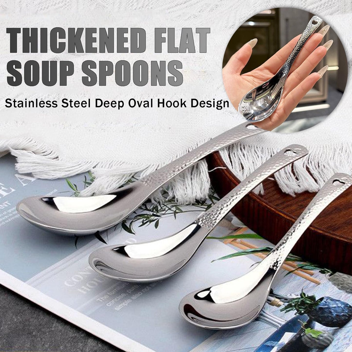 OULIGET Thickened Stainless Steel Soup Spoons, Asian Chinese Japanese Flat Soup Spoons Large for Ramen Pho Wonton Dumpling Miso, Deep Oval Hook Design, Set of 4,6.5 Inches