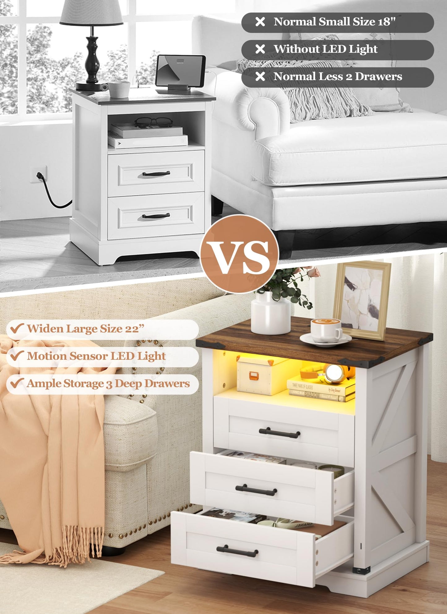 Night Stand with Charging Station 22" Large Farmhouse Nightstands with 3 Drawers and Open Storage Smart Bedside Table with Human Sensor LED Light End Tables for Bedroom Living Room White