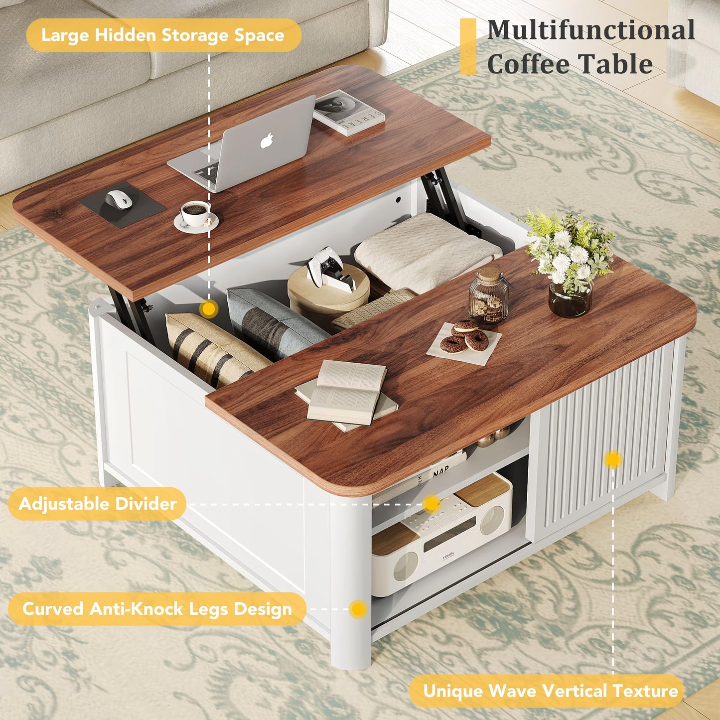 Decofy Lift Top Coffee Table with Storage, 31.5" Mid Century Modern Square Coffee Tables for Living Room, Large Hidden Storage Compartment, Adjustable Shelves & Sliding Door, White