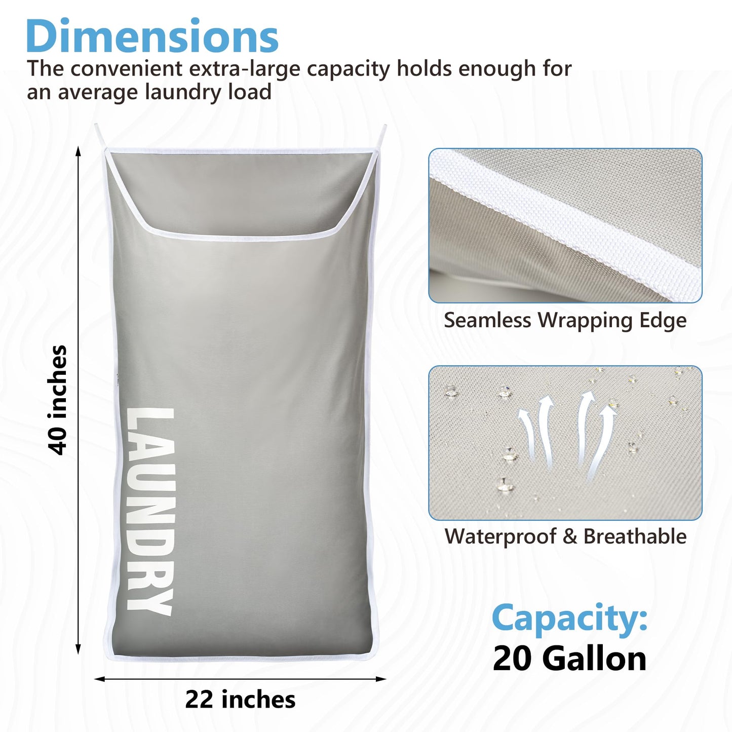 DONAQ Hanging Laundry Hamper Bag XL 40x22", Space Saving over the Door Storage Bags, Behind the Door Hampers for Dirty Clothes & Wall Mounted Basket for Bathroom, Organizer for Small Room Spaces RV