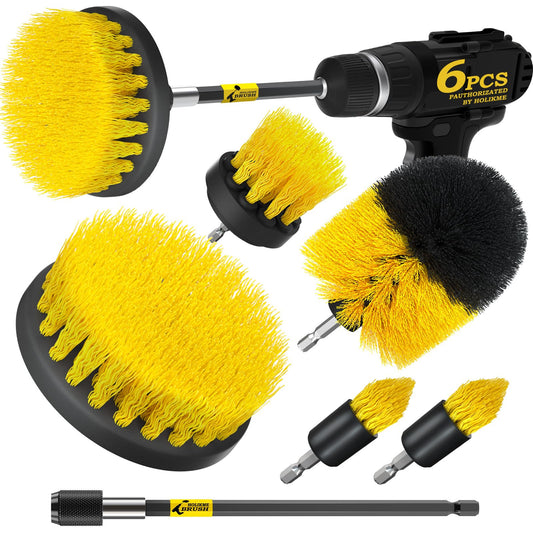 Holikme 6Pack Drill Brush Power Scrubber Cleaning Brush Extended Long Attachment Set All Purpose Drill Scrub Brushes Kit for Grout, Floor, Tub, Shower, Tile, Bathroom and Kitchen Surface，Yellow