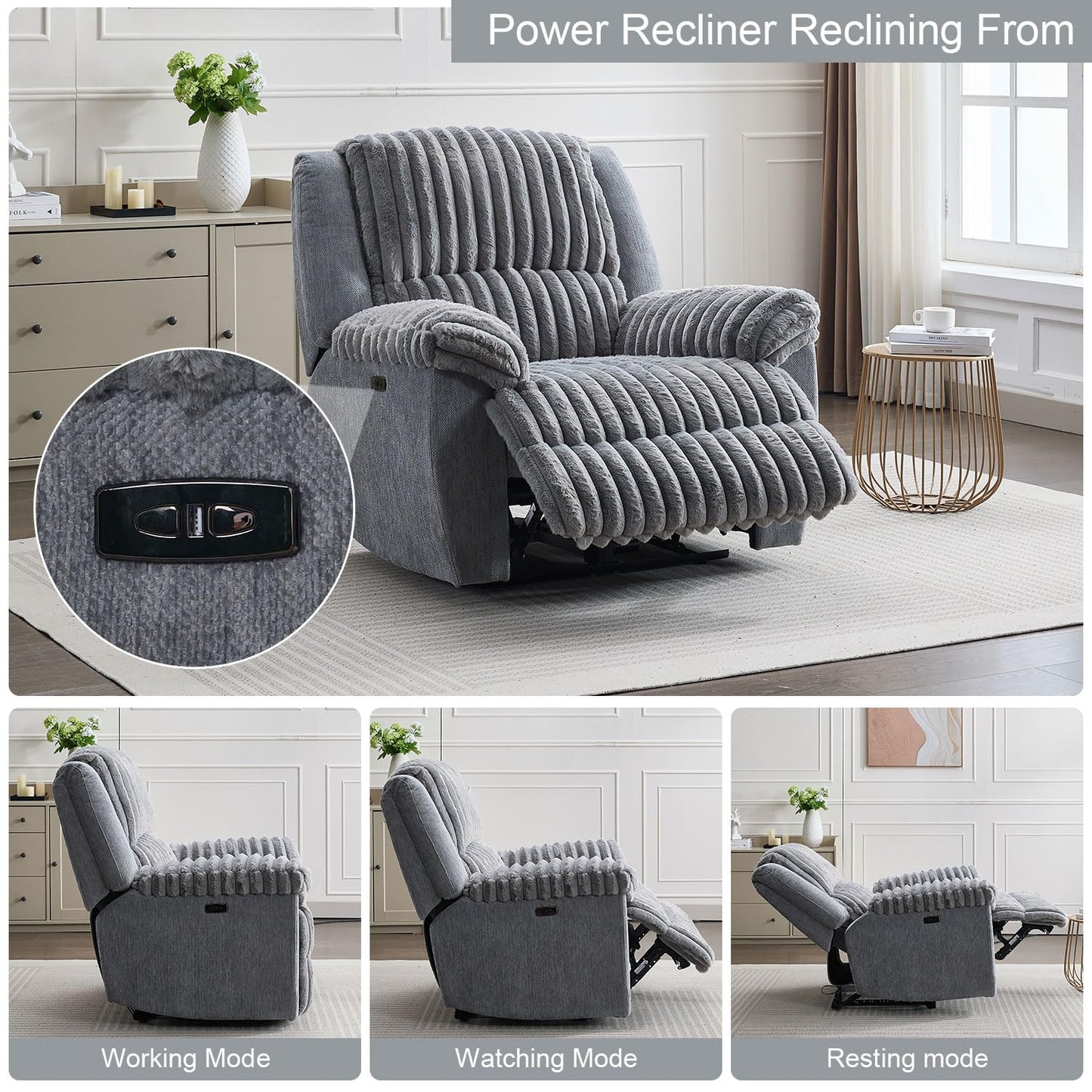 Oversized Power Recliner Chair for Adults, 42" Wide Electric Reclining Chair with USB Port, Faux Fur Overstuffed Single Recliner Chairs for Living Room/Bedroom/Office