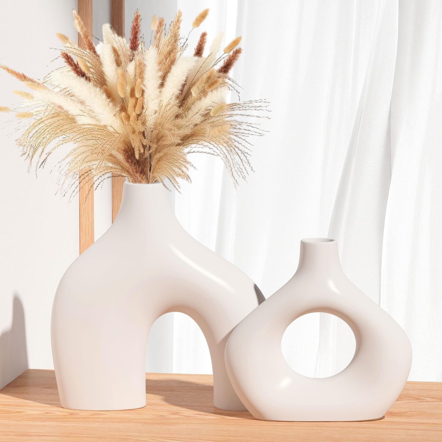 White Ceramic Vase Set of 2, Pampas Grass Vases for Home Decor, Round Matte Boho Vases for Flowers, Nordic Minimalism Style vase for Living Room Bedroom Shelf Decor